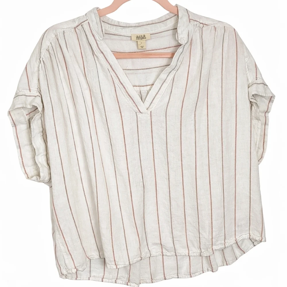 A.n.a V-Neck Short Sleeve Cropped Linen Pullover Top L - Picture 2 of 9